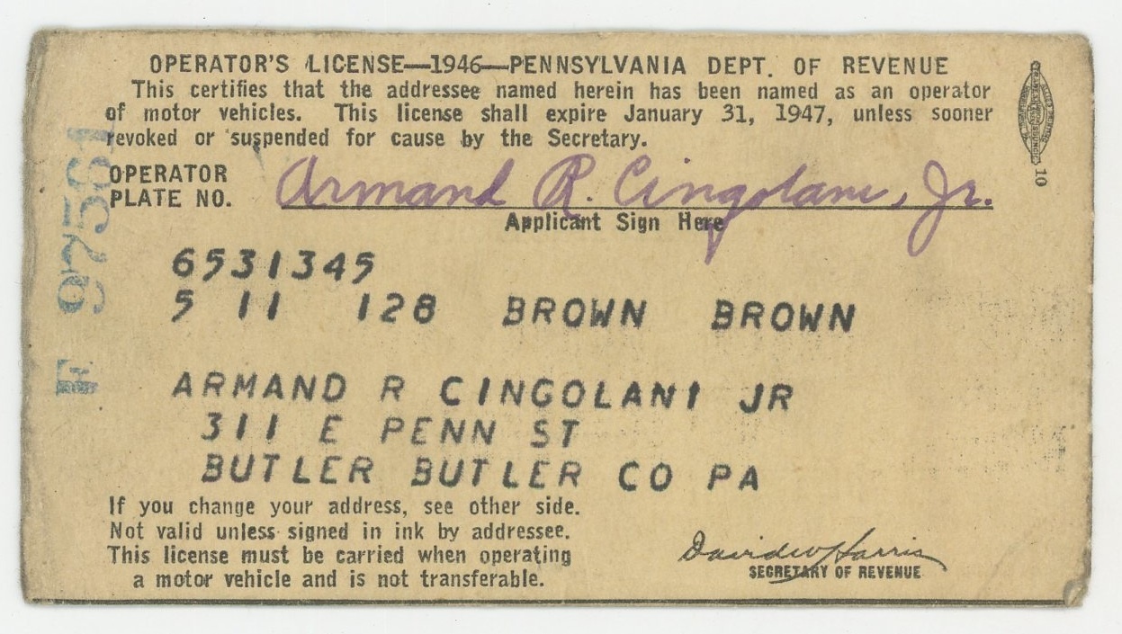1942 45 vintage drivers motor vehicle license PA Armand R Cingolani Jr lot 2 Item image 2