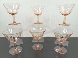 6 Pink Depression Optic Floral Etch Champagne Glasses Set Vintage 4.25&quot; Sherbets - £85.59 GBP