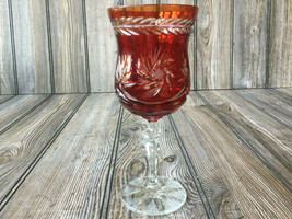Bohemian Ruby Red Czech Cut To Clear Crystal Wine Goblet Stem Glass 7.25&quot; - $36.94