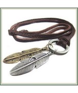 Bohemian Unisex  Antique Feather Pendant on 35&quot; Adjustable Leather Necklace - £32.72 GBP