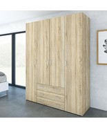 Large Tall Oak Finish 4 Door Wardrobe 3 Drawers Shelves Hanging Clothes ... - £462.85 GBP