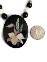 Lee Sands Abalone MOP Inlay Floral Tile Pendant Necklace Black White Beads - £31.67 GBP