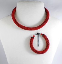 Red Jewelery set: beaded Necklace and Bracelet, Handmade ropes - $50.00
