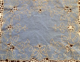 Open Cut Blue Linen Doily Vintage Rectangle 12&quot; x 9&quot; Ready to Embroider - £3.87 GBP
