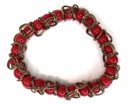 Wire Wrapped Beaded Bracelet Blood Red Vibrant Color Stretchy Estate Find - £9.25 GBP