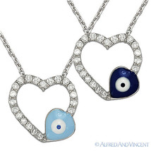 Evil Eye Heart Greek Turkish Nazar Hamsa Pendant 925 Sterling Silver CZ Necklace - £18.22 GBP