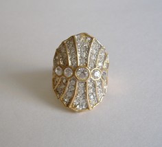 Gold Statement Ring Cluster Rhinestones Gold Plated Band Large Cocktail - £20.09 GBP