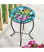 Glass Top Accent Side Table Butterflies Patio Porch Deck Plant Stand Fur... - $27.95