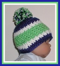 Infant Boy Beanie Royal Blue White Lime Green Stripes Pompom 0-6 Mo Striped Hat - £9.40 GBP