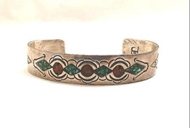 Native American Crushed Inlay Turquoise Coral Sterling Silver Bracelet Cuff - £115.29 GBP