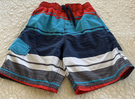 Kanu Boys Red White Blue Striped Swim Trunks Shorts Pockets Small 8 - $8.33