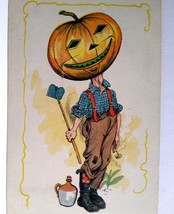 Halloween Postcard Fantasy Farmer Goblin Man Pumpkin Head Anthropomorphic 1907 - $207.10