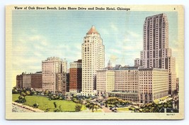 Postcard View Oak Street Beach Lake Shore Drive Drake Hotel Chicago IL Linen UP - $4.75