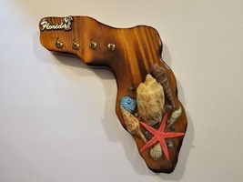 Florida Shaped Lacquered Wood with Sea Shells Wall Mount Key Holder 4 Hooks Vtg - £23.52 GBP