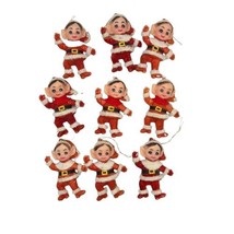 Pixie Elf Flocked Plastic Christmas Ornament Red &amp; Chenille Trim Set of 9 AS IS - £42.10 GBP