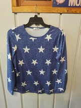 Ekouaer  Women&#39;s Sweatshirt Size L Blue White Stars Long Sleeves Crew Neck - £9.33 GBP