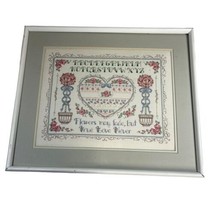 True Love Sampler Cross Stitch Framed Country Cottage Core Floral 18.75x15.75 - $93.49