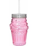 Pink 3D Cupcake Shaped Glass Lidded Beverage Tumbler Sipper 15.5 oz 5.8&quot; H - £15.82 GBP