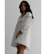 White Stripe Checkered Frilled V Neck Bracelet Sleeve Babydoll Dress - $40.54 CAD