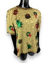 Vtg Laurence Kazar Gold Christmas Silk Blouse Sequin Beads Lined Holiday... - £38.38 GBP