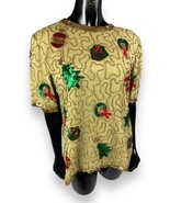 Vtg Laurence Kazar Gold Christmas Silk Blouse Sequin Beads Lined Holiday... - £37.77 GBP