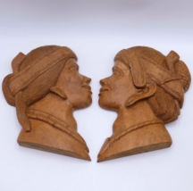 Vintage Pair Indonesian Bali teak Wood Carved Wooden Head Hanging Plaques - £92.42 GBP