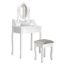 Vanity Table Set with Oval Mirror and 4 Drawers - Color: White - £156.00 GBP