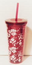 Tumbler with Straw, Pink with white floral, New/Sealed - $15.88