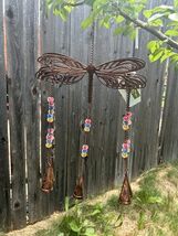 Dragonfly Stained Glass Wind Chime Metal w/ Bead &amp; Bell Accents Copperis... - $17.46