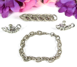 LOOPS &amp; LINKS Vintage SET PIN BRACELET EARRINGS Screw Back Silvertone Chain - $16.82