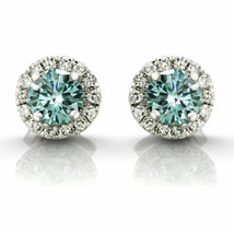 Diamond Halo Earrings Fancy Blue Color Treated Round VS2 14K White Gold 0.93 TCW - £871.14 GBP