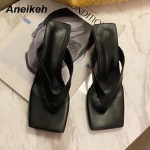 Aneikeh 2021 NEW Women&#39;s Shoes Fashion PU Thong Square Toe Thin Heels Slippers C - £37.61 GBP