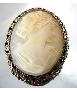 Vintage Carved Shell Cameo Brooch Pendant Brass Filigree Frame Italy 1940's - $39.00