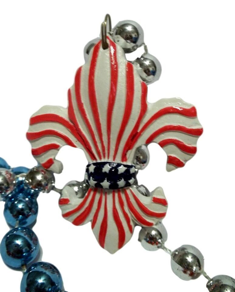 Red White Blue Fleur De Lis Stars Stripes Mardi Gras Beads Necklace Part... - $6.99