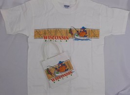 KIDSSZ  SMALL WHITE T-SHIRT WITH CANVAS BAG SET BEAR FISHING WISCONSIN D... - $9.99