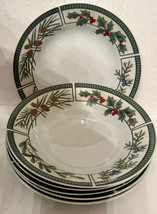 Fairfield Wintergreen (6) Soup or Salad Bowls Christmas Pine Cones 8&quot; Stoneware - £26.17 GBP