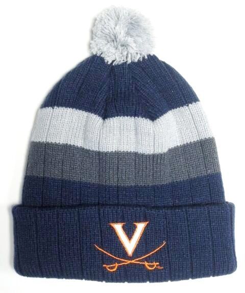 Primary image for Virgina Cavaliers NCAA Blue / Gray Stripe Ball Pom Knit Hat Cap Winter Beanie