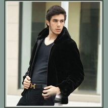 Men's Black Mink Faux Fur Front Zip Up Long Sleeve w/ Hood or Collar Coat Jacket image 3