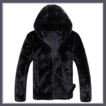 Men's Black Mink Faux Fur Front Zip Up Long Sleeve w/ Hood or Collar Coat Jacket image 4