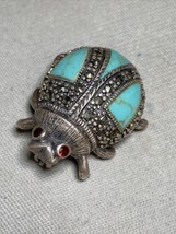 Sterling Silver 925 &amp; Turquoise &amp; Marcasite Lady Bug Pin Red Garnet Eyes - £35.68 GBP