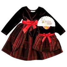 Girls 2 T &amp; 18 In Dolls   Dollie &amp; Me Brown Velvet &amp; Tafetta Plaid Dressy Dresses - £24.11 GBP