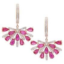 Half Floral Ruby and Diamond Drop Earrings with English Lock in 14K Rose Gold  - £2,413.47 GBP
