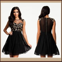 Black Layerd Chiffon Skater Dress with Gold Sequin Paisley Swirl and Voil Bodice