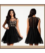 Black Layerd Chiffon Skater Dress with Gold Sequin Paisley Swirl and Voi... - £39.50 GBP