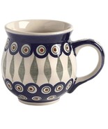 Manufatura Polish Pottery Peacock Feather Pot Belly Barrel Coffee Mug 16... - $29.02