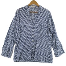 Women 1X Thin Light White &amp; Navy Print Roll Sleeve Button Up Shirt Rayon... - £13.17 GBP