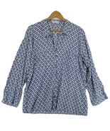 Women 1X Thin Light White &amp; Navy Print Roll Sleeve Button Up Shirt Rayon... - $16.81