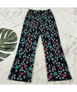 Lesley Evers Womens Retro Velvet Pants Size M Black Blue Embroidered Floral - $48.73 CAD