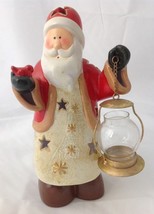 Santa Claus Holding Lantern Red Bird Votive Candle Holder w Cut Out Stars - £19.94 GBP