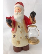 Santa Claus Holding Lantern Red Bird Votive Candle Holder w Cut Out Stars - £19.91 GBP